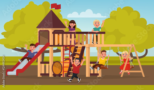 Happy childhood. Children play on the playground. Vector illustr