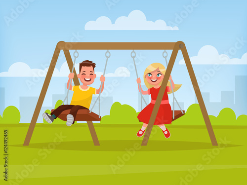 Playground. Children swinging on a swing. Vector illustration