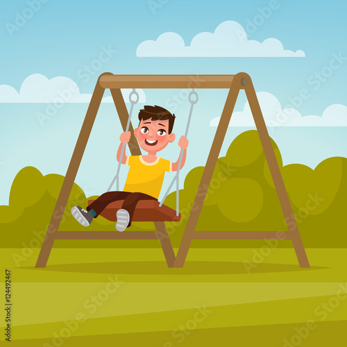 Playground. Happy boy swinging on a swing. Vector illustration