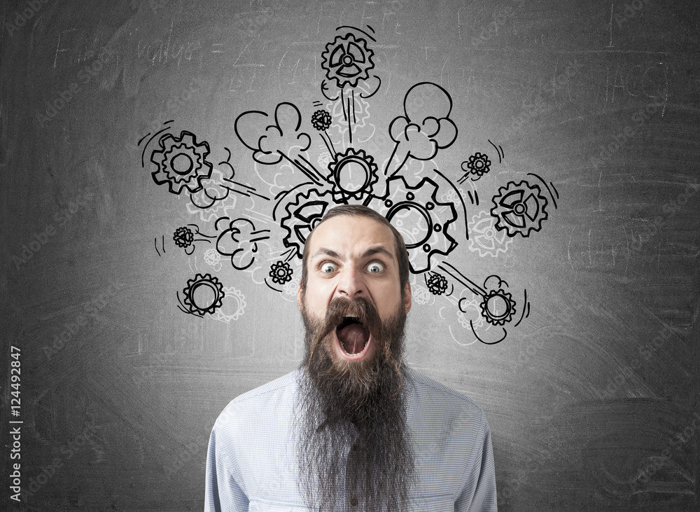 Shouting man with long beard and flying cogs Shouting man with long beard and flying cogs