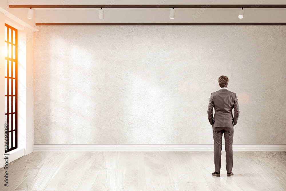 Rear view of businessman looking at blank wall of his office Rear view of businessman looking at blank wall of his office