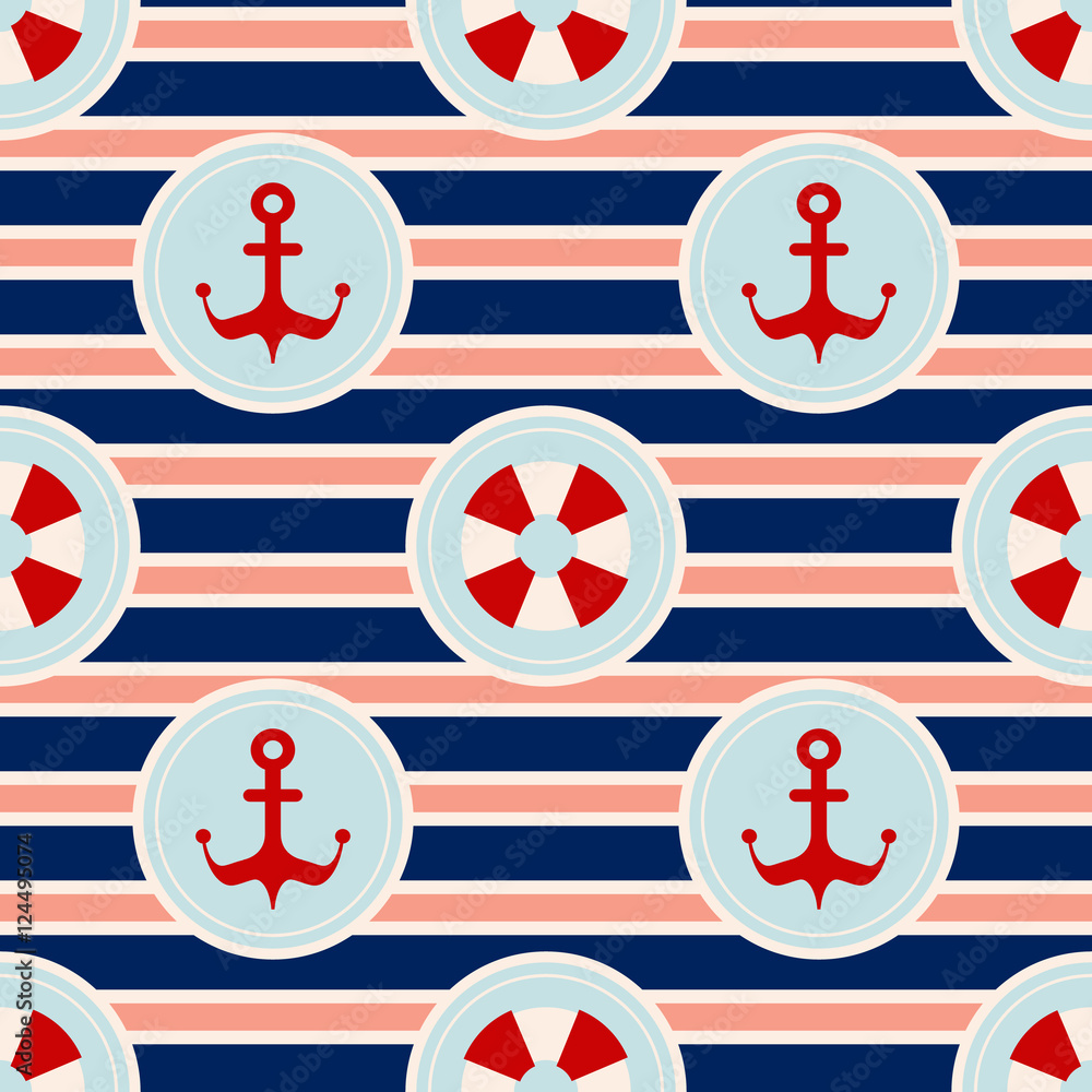 Obraz premium Maritime mood pattern, Seamless nautical pattern with life buoys, anchors and striped background