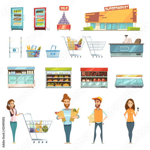 People In Supermarket Cartoon Icons Set