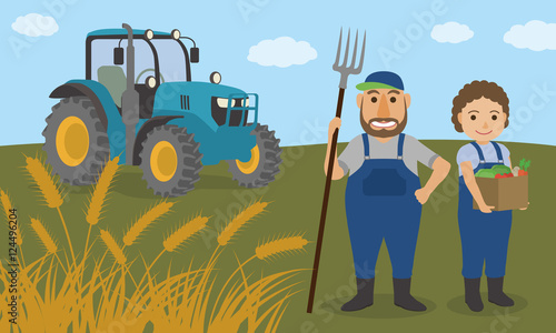 farmer couple and agricultural motor tractor