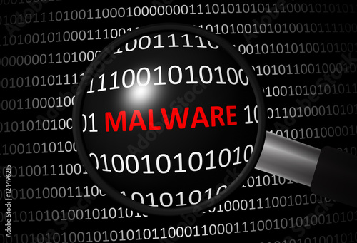 Binary code with malware and magnifying lens