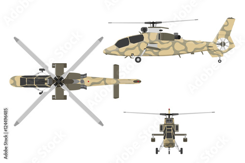 Military helicopter in flat style. Helicopter views: top, side,