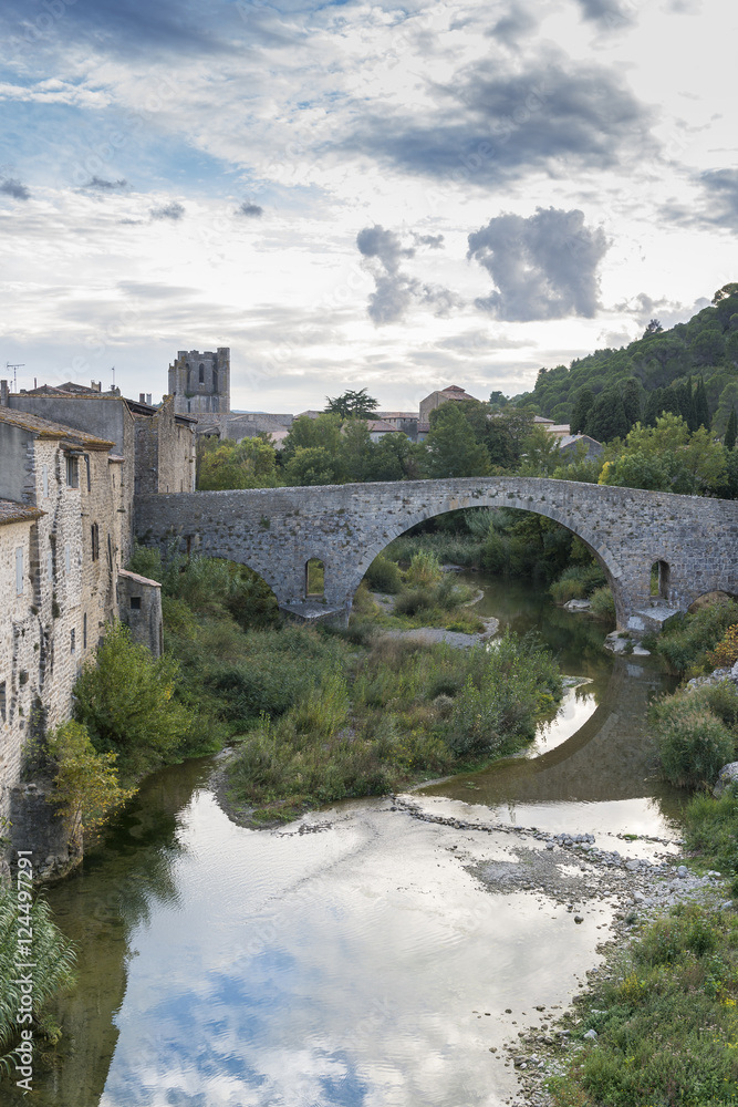 View of the medieval bridge and city of Lagrasse, France View of the medieval bridge and city of Lagrasse, France