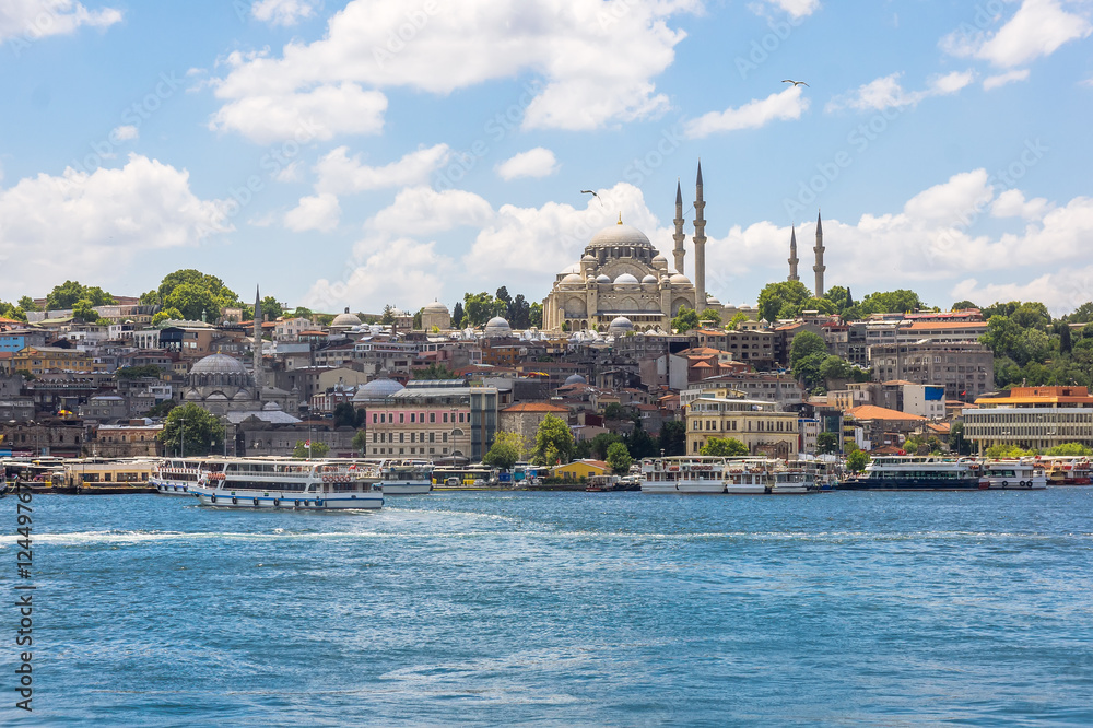 Fototapeta premium Sea front landscape of Istanbul historical part, the capital of Turkey. Eastern tourist city landscape.
