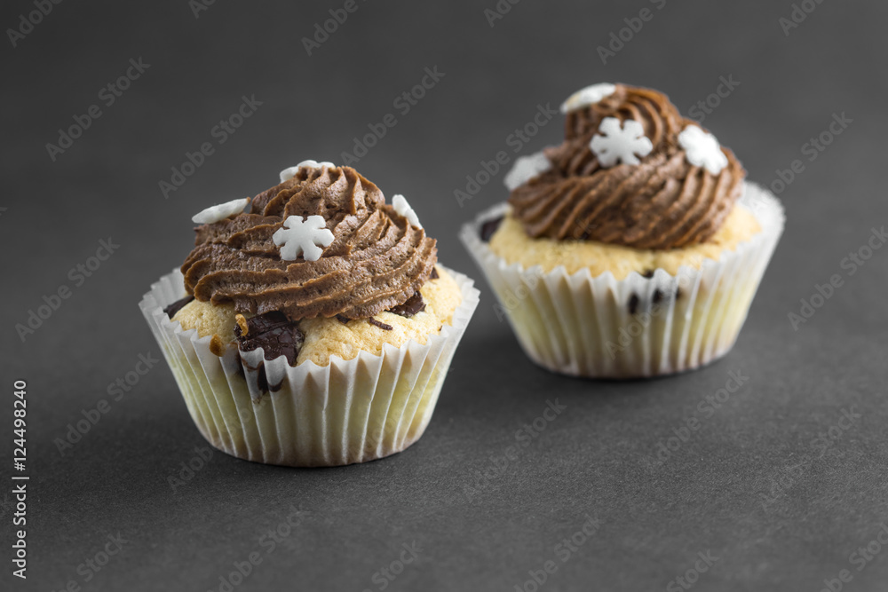 Vanilla cupcake with chocolate topping.