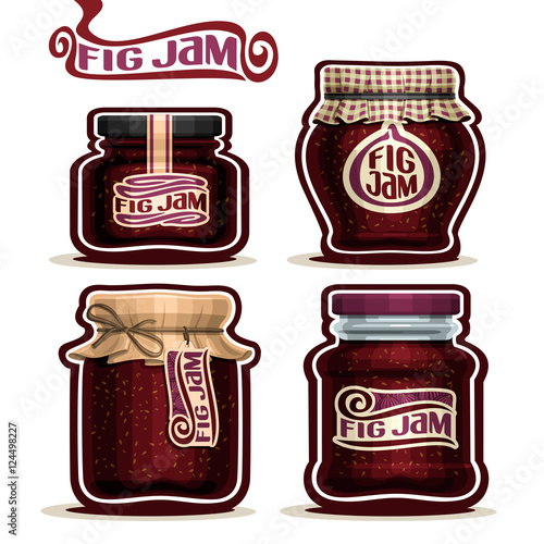 Vector logo Fig Jam in glass Jars with paper cover lid, purple Pot home made fig seed jams, twine rope bow, set homemade fruit jam jar, farm jelly pot with label,  checked cloth cap, isolated on white