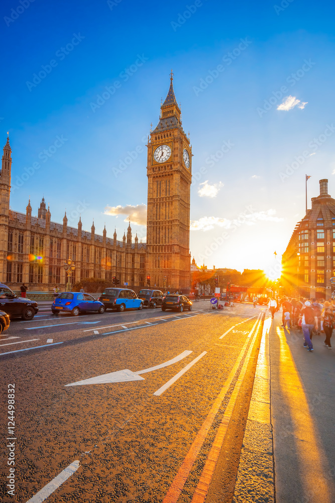 Big Ben against colorful sunset in London, UK