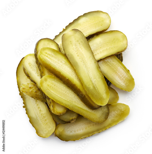 Heap of pickled cucumber slices from above