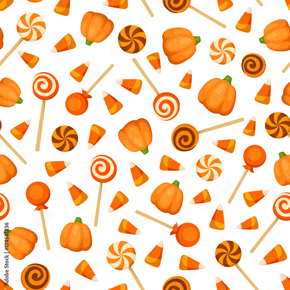 Fototapeta premium Vector seamless pattern with orange Halloween candies on a white background. 