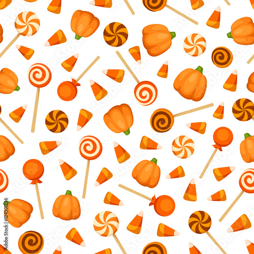 Vector seamless pattern with orange Halloween candies on a white background. 
