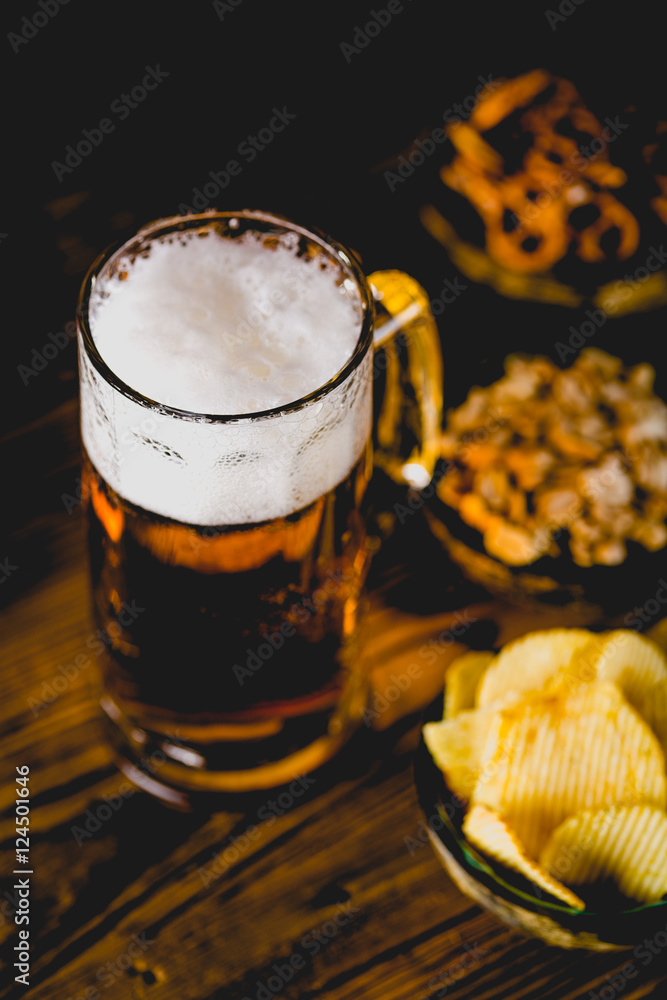 Light beer with snack, party concept Light beer with snack, party concept