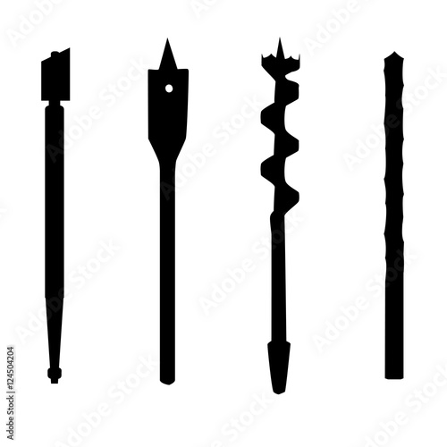 Set of four repair tools double-twist auger bit, glass-cutter, solid centre auger bit, spade bit, twist bit , silhouettes. illustration for web or typography magazine, brochure, flyer, poster .