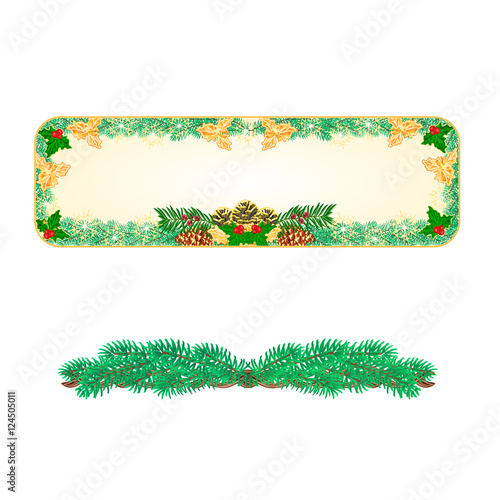 Banner Christmas Spruce and  pinecones green and gold leaves holly and yew  vector illustration © zdenat5