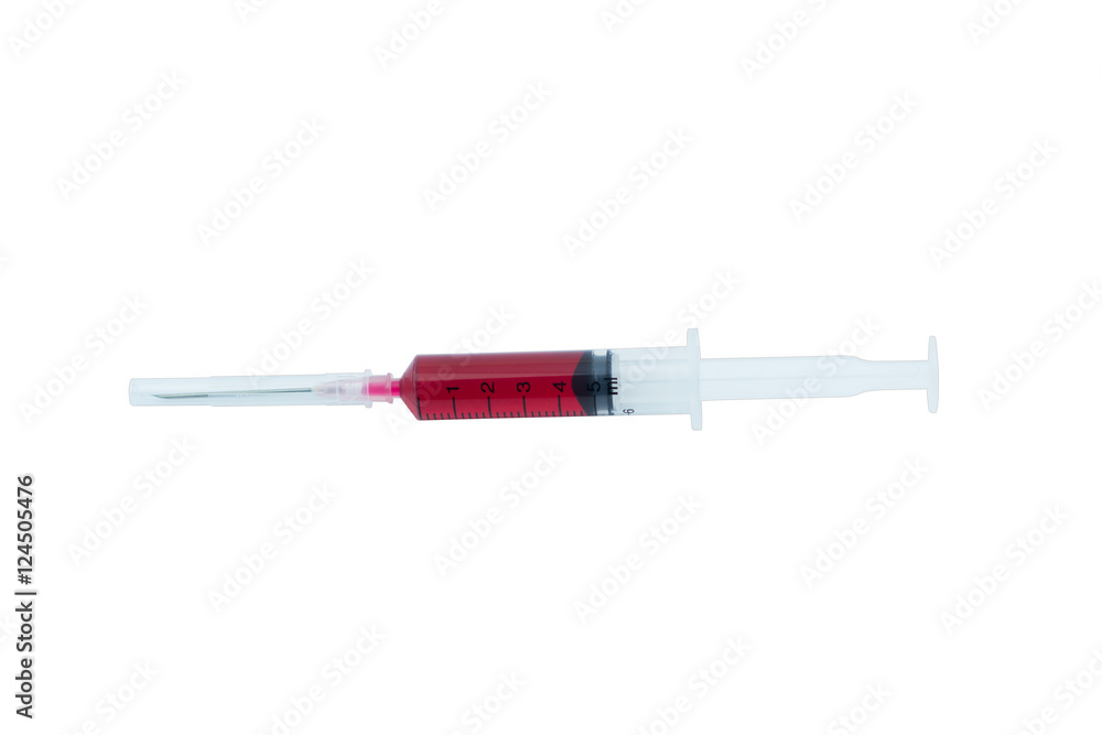 syringe with drop red blood liquid isolated on white background. syringe with drop red blood liquid isolated on white background.