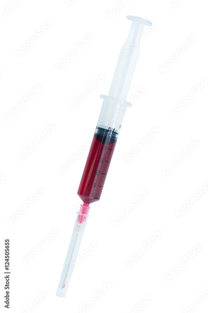 syringe with drop red blood liquid isolated on white background. syringe with drop red blood liquid isolated on white background.
