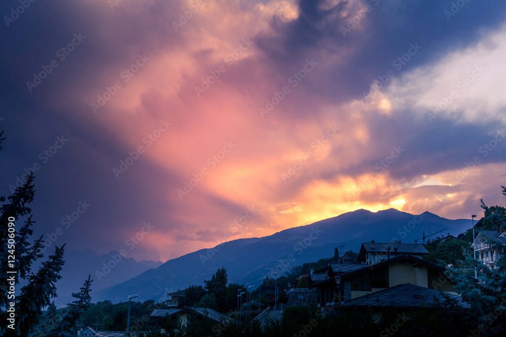 Fototapeta premium mountain landscape at sunset with colorful sky