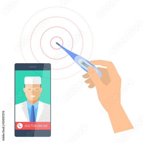 Smart phone with male doctor online and a hand is holding digital thermometer. Vector flat concept illustration of smartphone, medic and hand with an electronic instrument that measures temperature.