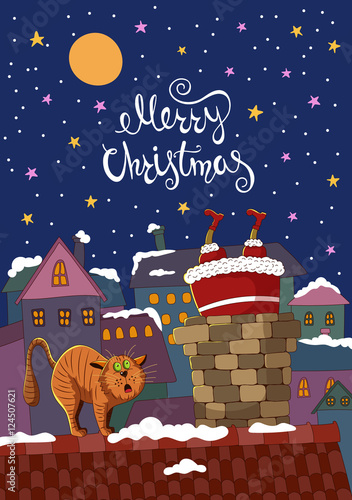 Santa Claus in the chimney. Funny Christmas card.