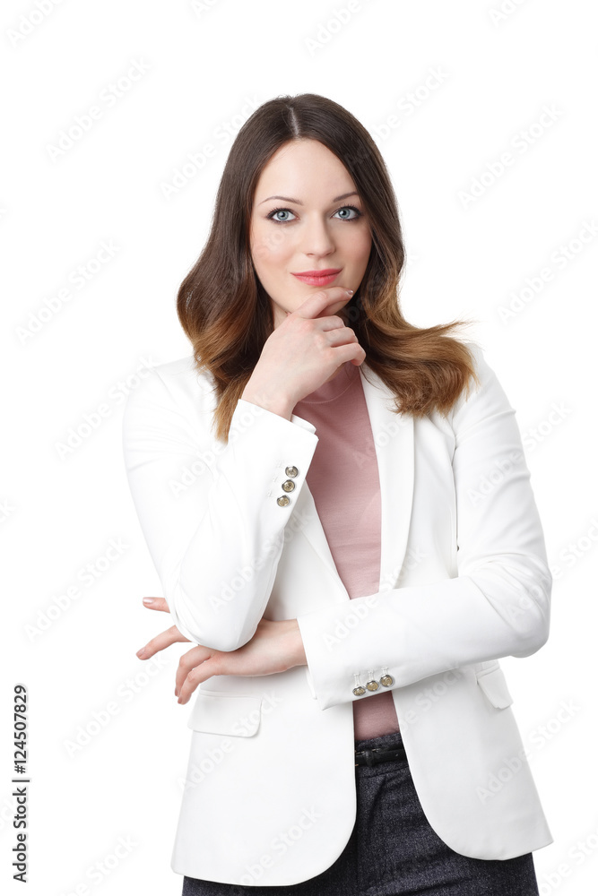 Attractive young intern. Portrait of smiling young businesswoman standing with arms crossed at isolated background. Attractive young intern. Portrait of smiling young businesswoman standing with arms crossed at isolated background.