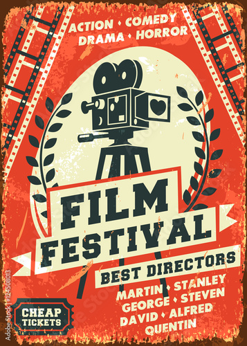 Grunge retro film festival poster. Vector illustration.