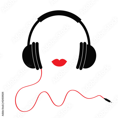 Headphones with red cord and lips Music card. Flat design icon White background Isolated