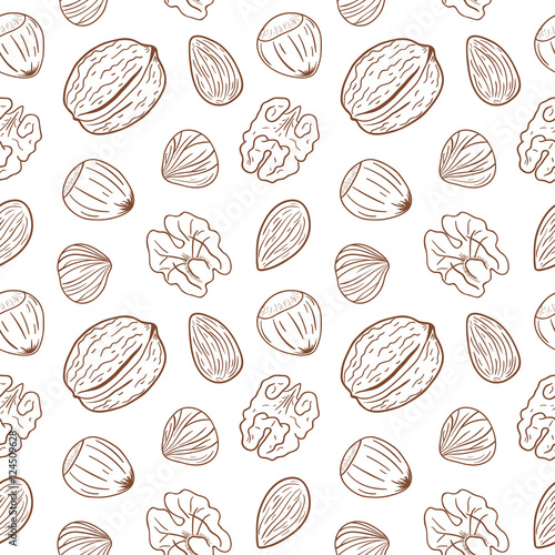 Seamless pattern with assorted nuts: walnuts, almonds, hazelnuts. Whole and shelled nuts mix. Vector hand drawn seamless pattern for packaging, textile, interior, background and other designs. 