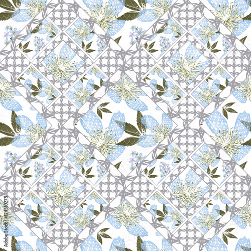Patchwork abstract seamless floral, pattern texture light background with decorative elements. delicate light blue flowers.
