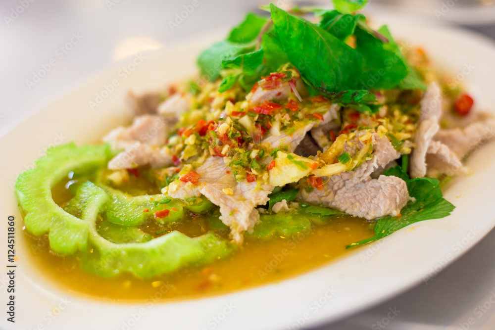 Boiled Pork with Lime Garlic and Chili Sauce (Moo Ma nao), Thai food
Boiled Pork with Lime Garlic and Chili Sauce (Moo Ma nao), Thai food