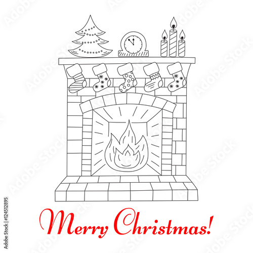  Christmas fireplace and socks, hand drawn line vector illustration. Merry Christmas vintage greeting card.