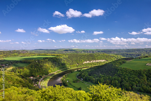 Natural landscape - green hills and river, Germany, Saxon Switzerland