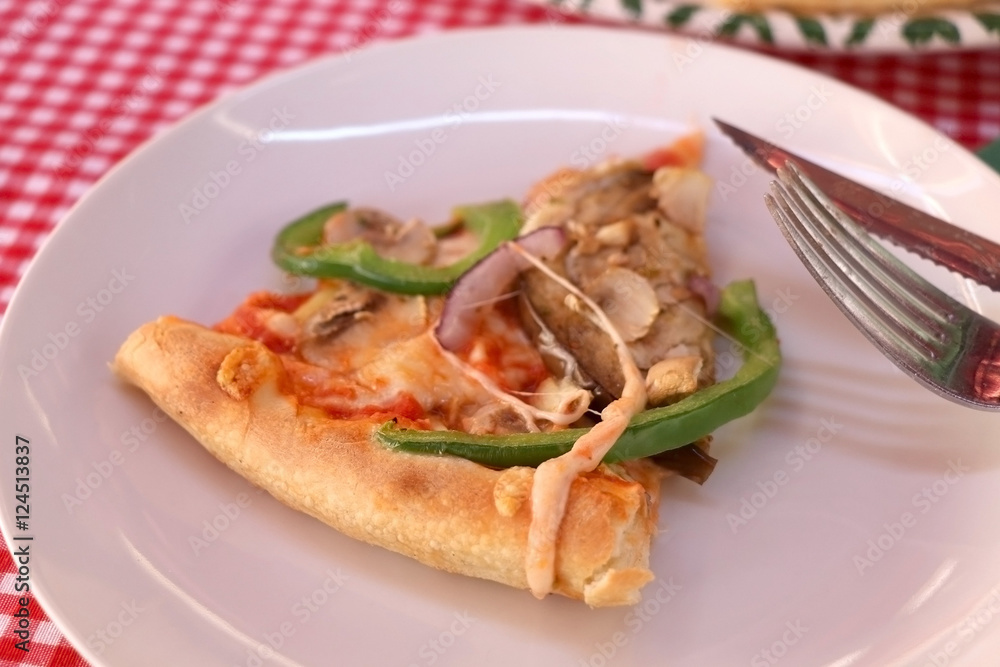 Slice of vegetarian pizza with cheese, tomato sauce, green peppers, mushrooms and onion in a pizzeria. Selective focus. Slice of vegetarian pizza with cheese, tomato sauce, green peppers, mushrooms and onion in a pizzeria. Selective focus.