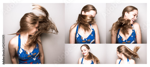 Stop action collage of a beautiful woman with black and purple hair creating motion with her hair.