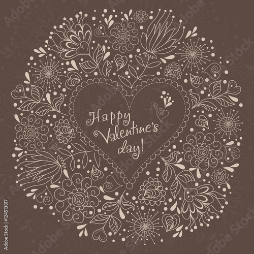 Valentine. Invitation card with flowers in ethnic style.