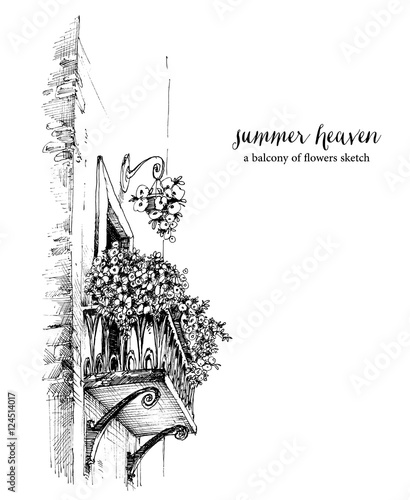 Balcony with flowers drawing, flowerpots sketch. Stylish way of