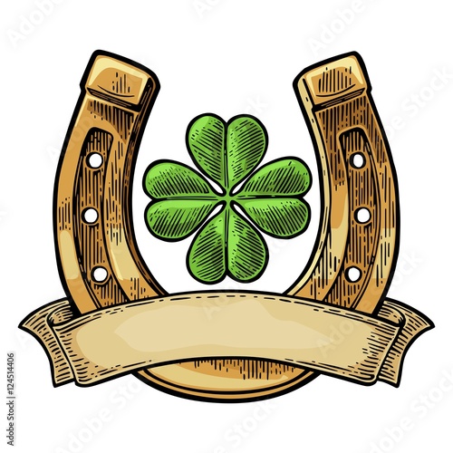 Good luck four leaf clover and horseshoe with ribbon