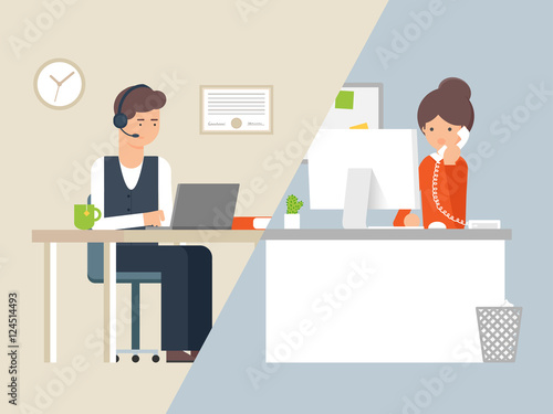 Vector illustration call centre operator and customer, support service