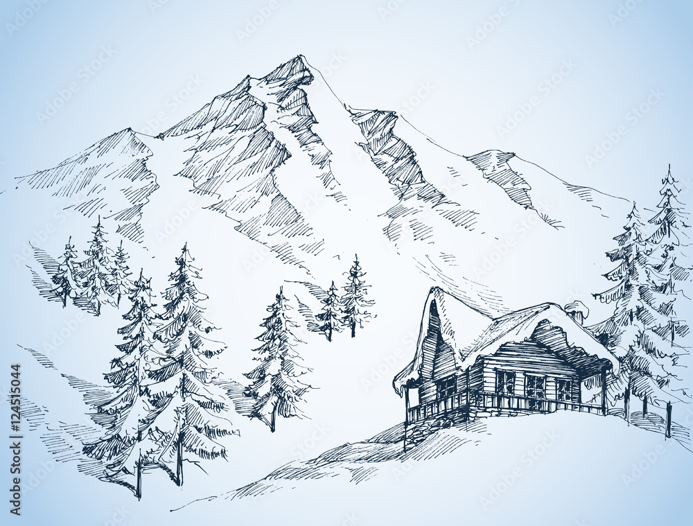 Fototapeta premium Nature in the mountains sketch, Winter landscape and winter holi