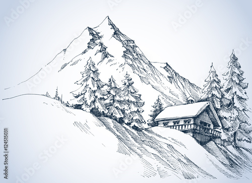 Winter landscape in the mountains. A cabin in the snow