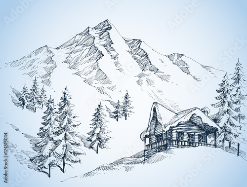 Nature in the mountains sketch, Winter landscape and winter holi