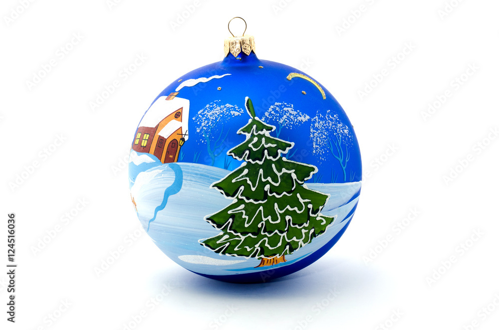 Blue christmas ball on white background. Hand-painted Christmas story. Blue christmas ball on white background. Hand-painted Christmas story.