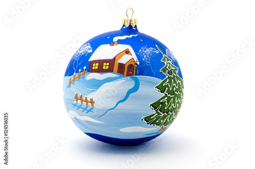 Blue christmas ball on white background. Hand-painted Christmas story.