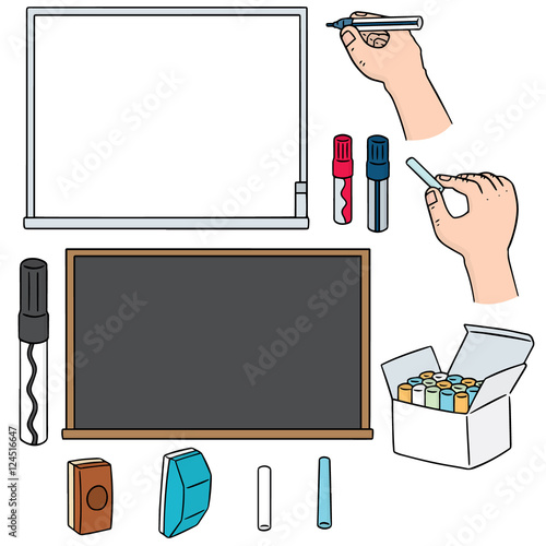 vector set of blackboard, whiteboard, chalk and whiteboard pen
