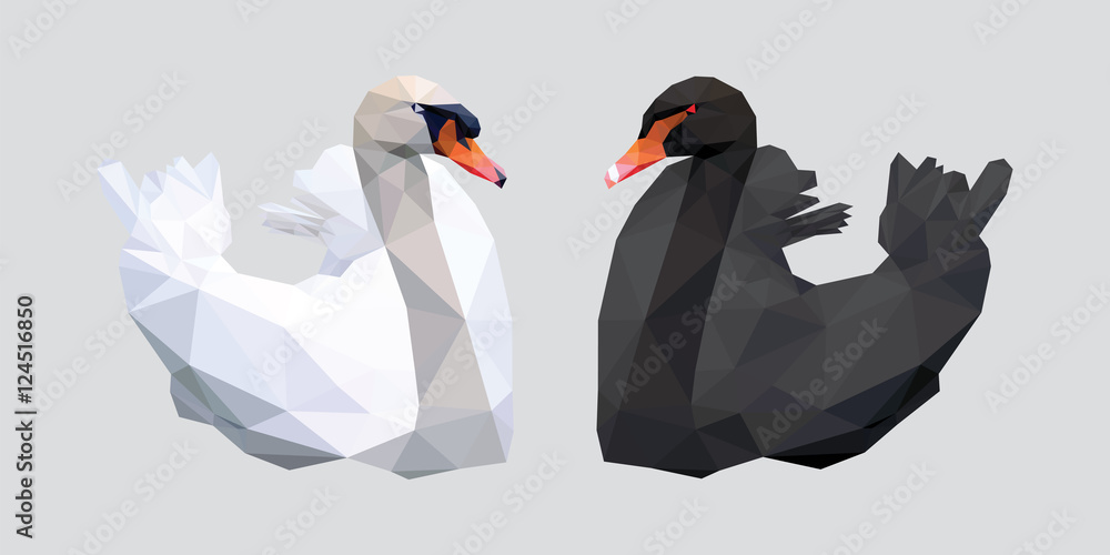 Fototapeta premium Black and white swan with red beak low polygon isolated on gray background
