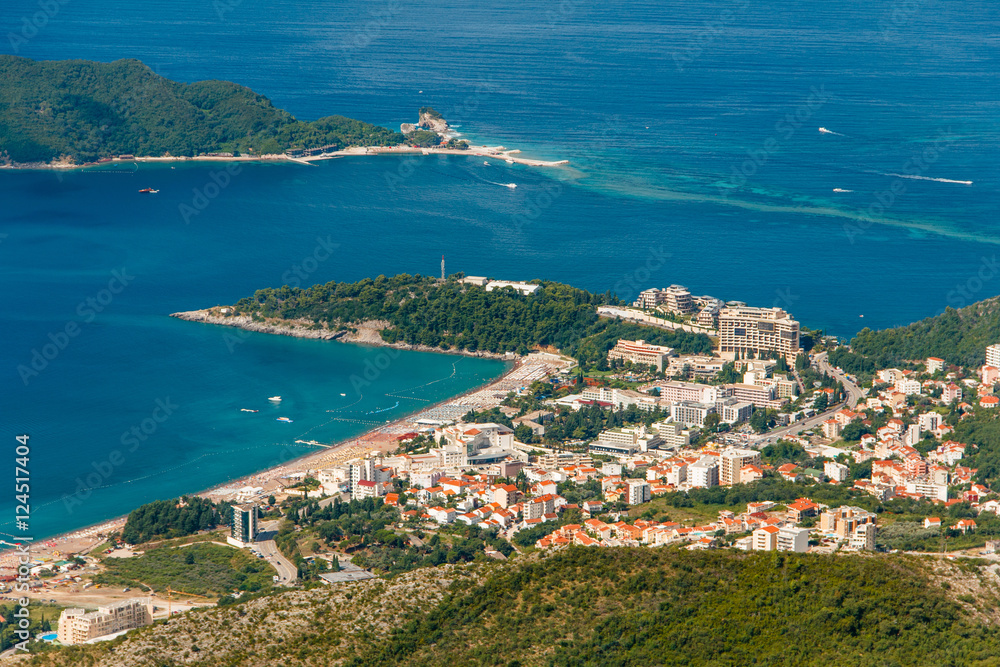 Panoramic landscape of Budva riviera in Montenegro. Balkans, Adriatic sea, Europe. View from the top of the mountain.