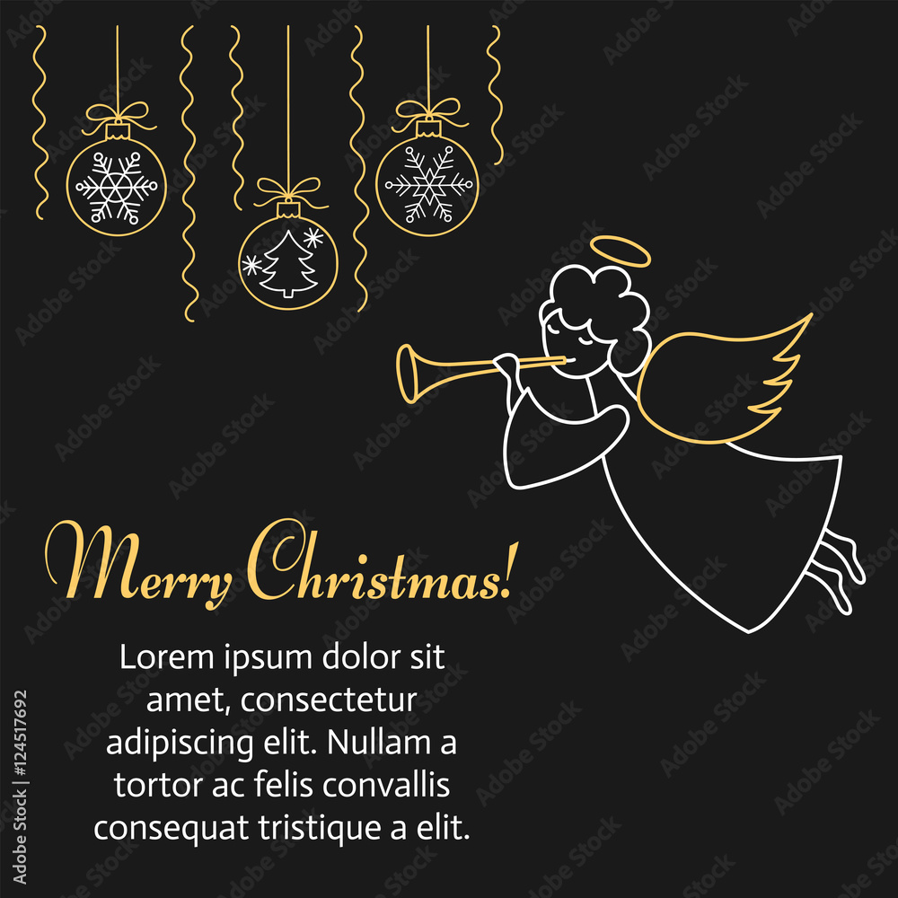 Christmas angel with trumpet hand drawn line vector illustration. Merry Christmas and Happy New Year greeting card, place for text.