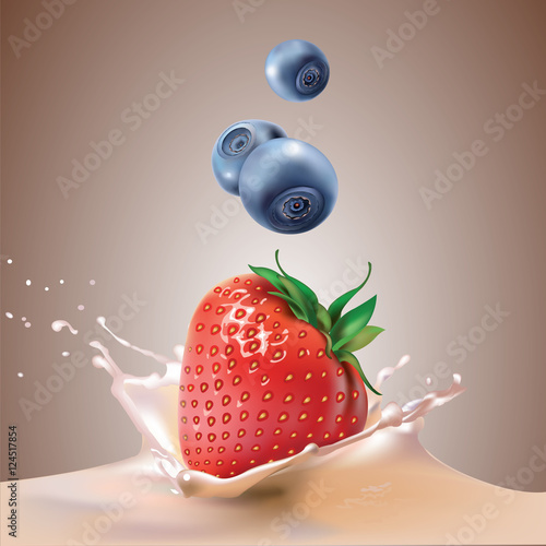 Beautiful strawberries and blueberries falling into milk. Realistic vector illustration.